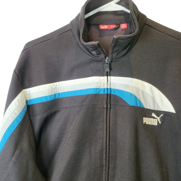 Puma Mens Full Zip Track Jacket Black Blue White Stripe Mock Neck Large - Picture 2 of 7